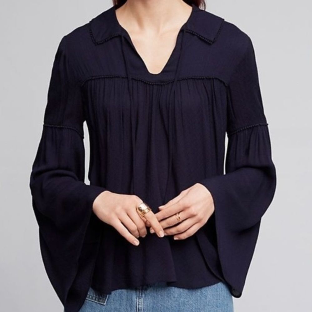 Anthropologie Navy Blouson Tie-Neck Top